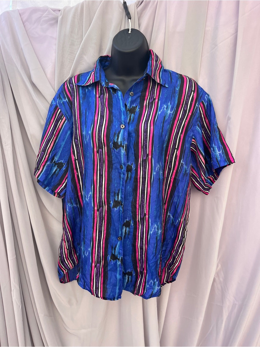 Women's Blue & Pink Silk Striped Button-Down Shirt Vintage